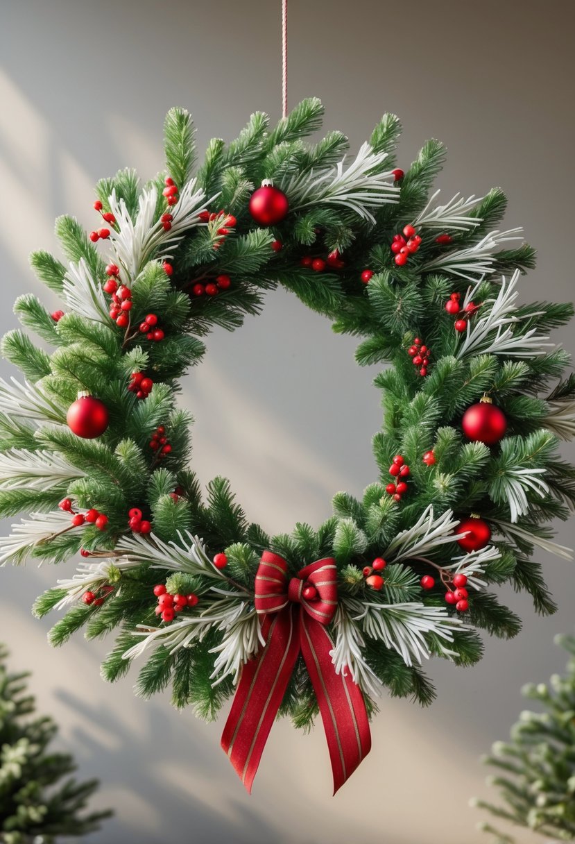 Christmas Wreaths for Front Door Ideas 2025: 23 Stylish and Festive Designs 15 A Christmas wreath made of white spruce branches with red berries and decorations hanging on a door.