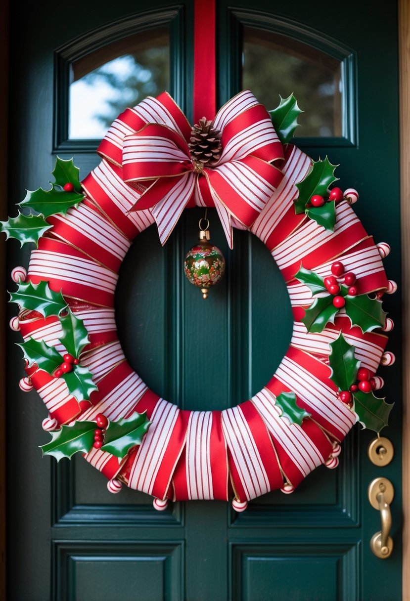 Christmas Wreaths for Front Door Ideas 2025: 23 Stylish and Festive Designs 16 A Christmas wreath made of red and white candy cane striped ribbon decorated with holly leaves and berries hanging on a green wooden front door.