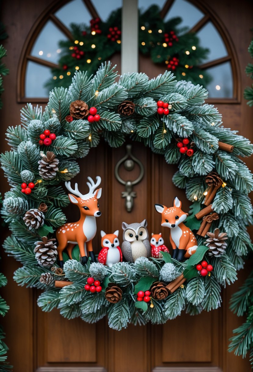 Christmas Wreaths for Front Door Ideas 2025: 23 Stylish and Festive Designs 17 A winter Christmas wreath decorated with pine branches, miniature woodland animals, pine cones, red berries, and fairy lights hanging on a wooden front door.