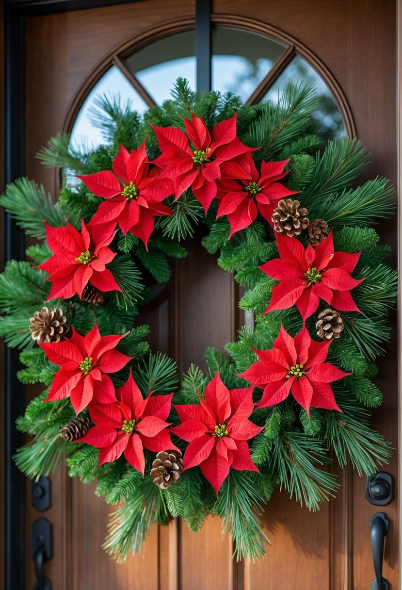 Christmas Wreaths for Front Door Ideas 2025: 23 Stylish and Festive Designs 18 A Christmas wreath with red poinsettias and pine branches hanging on a wooden front door.
