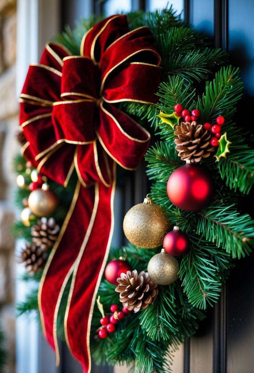 Christmas Wreaths for Front Door Ideas 2025: 23 Stylish and Festive Designs 20 A Christmas wreath with red velvet bows and decorative ornaments hanging on a front door.