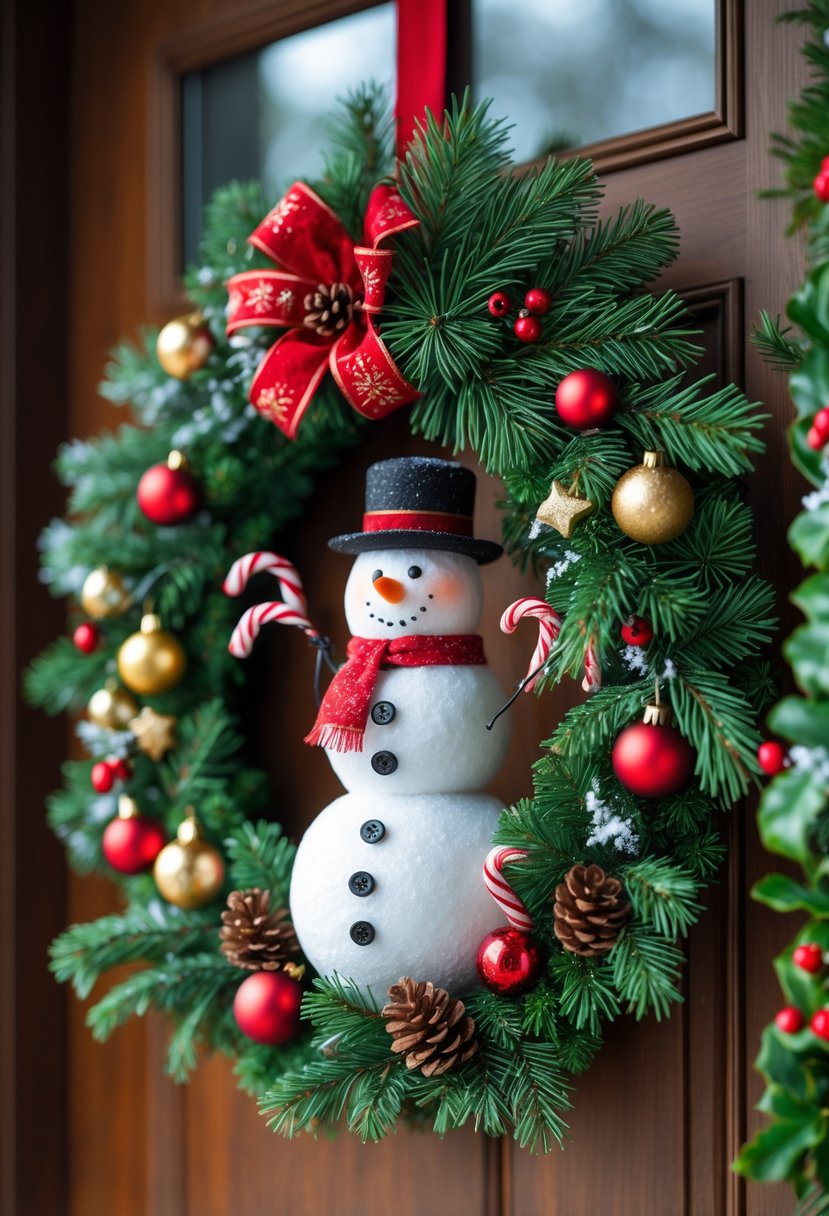 Christmas Wreaths for Front Door Ideas 2025: 23 Stylish and Festive Designs 21 A Christmas wreath on a front door decorated with a snowman figure and small festive ornaments including baubles, candy canes, and pine cones.