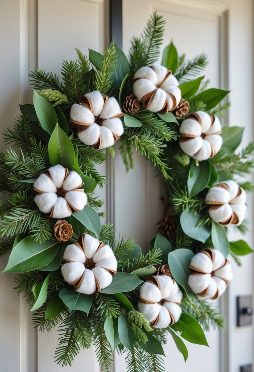 Christmas Wreaths for Front Door Ideas 2025: 23 Stylish and Festive Designs 22 A Christmas wreath made of cotton bolls and green leaves hanging on a door.