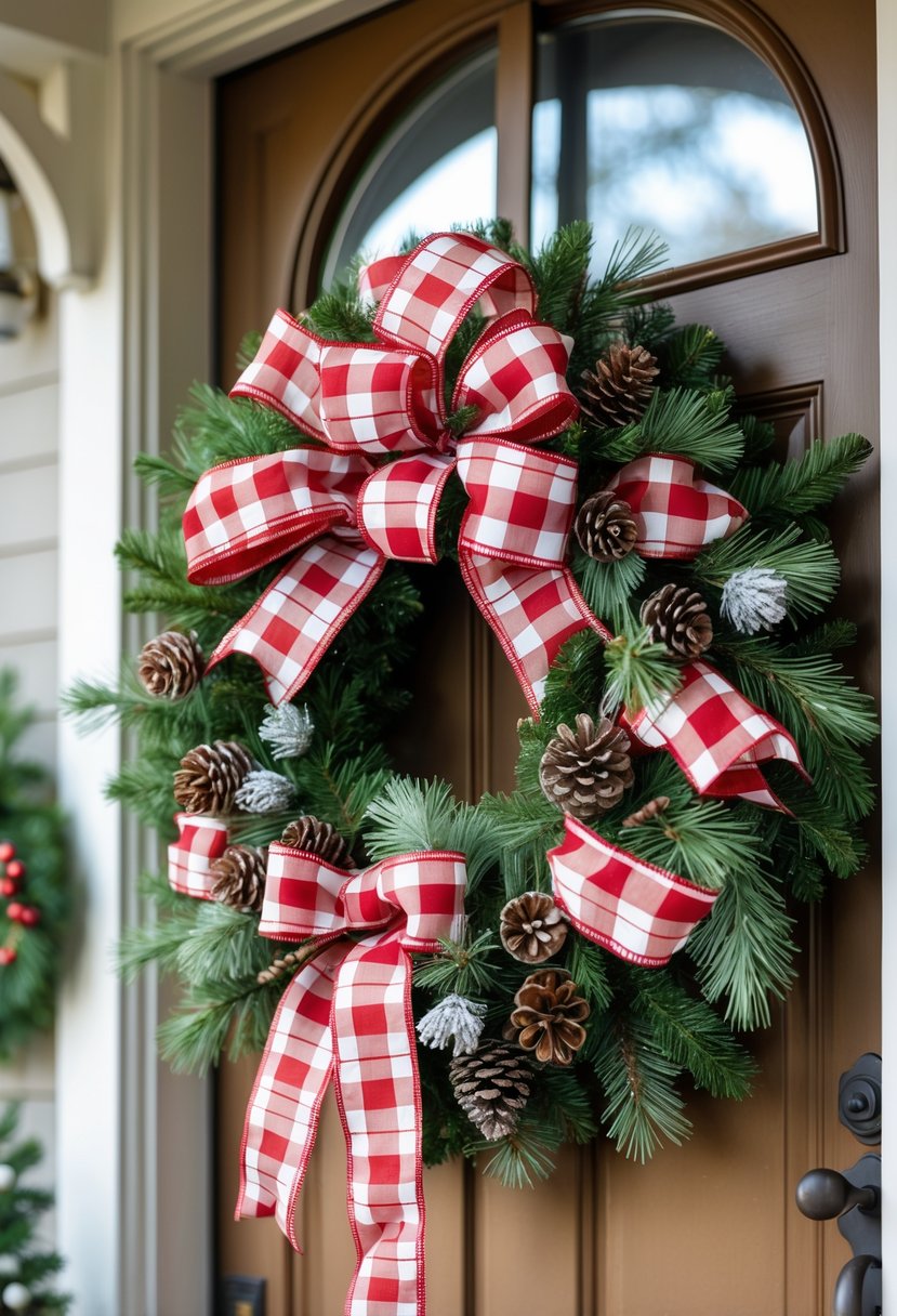 Christmas Wreaths for Front Door Ideas 2025: 23 Stylish and Festive Designs 23 A red and white plaid ribbon Christmas wreath decorated with pine cones and evergreen hanging on a wooden front door.