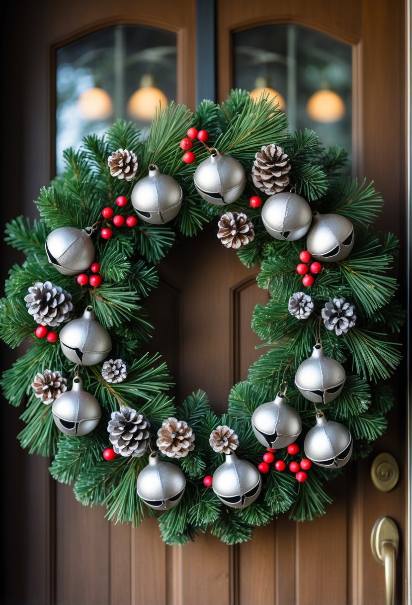 Christmas Wreaths for Front Door Ideas 2025: 23 Stylish and Festive Designs 24 A Christmas wreath with silver bells and pinecones hanging on a wooden front door.