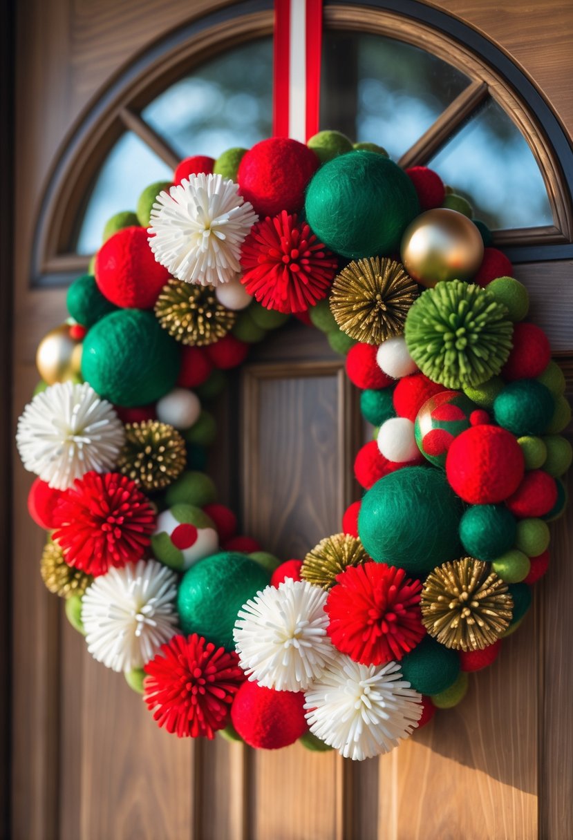 Christmas Wreaths for Front Door Ideas 2025: 23 Stylish and Festive Designs 25 A colorful Christmas wreath made of felt balls and pom-poms hanging on a wooden front door.
