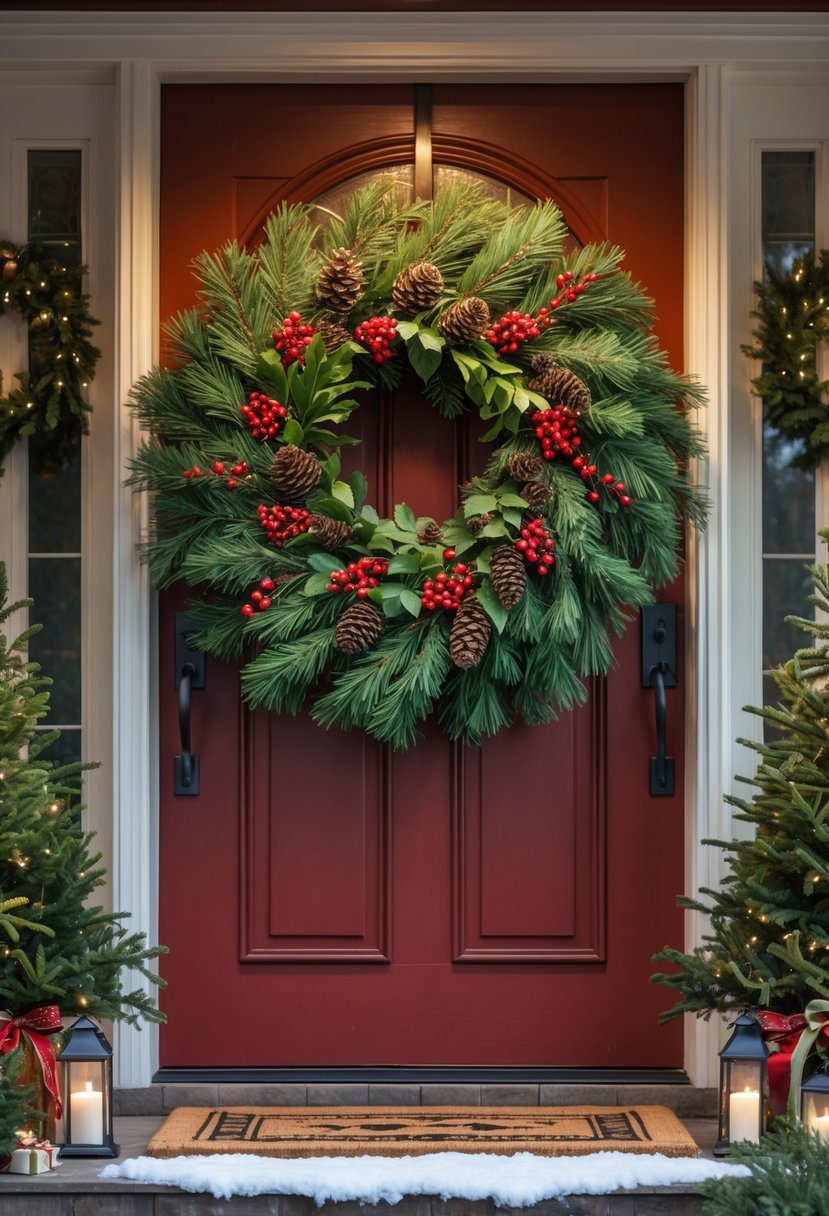 Christmas Wreaths for Front Door Ideas 2025: 23 Stylish and Festive Designs 26 Front door decorated with a lush Christmas wreath and seasonal decorations in a cozy residential setting.
