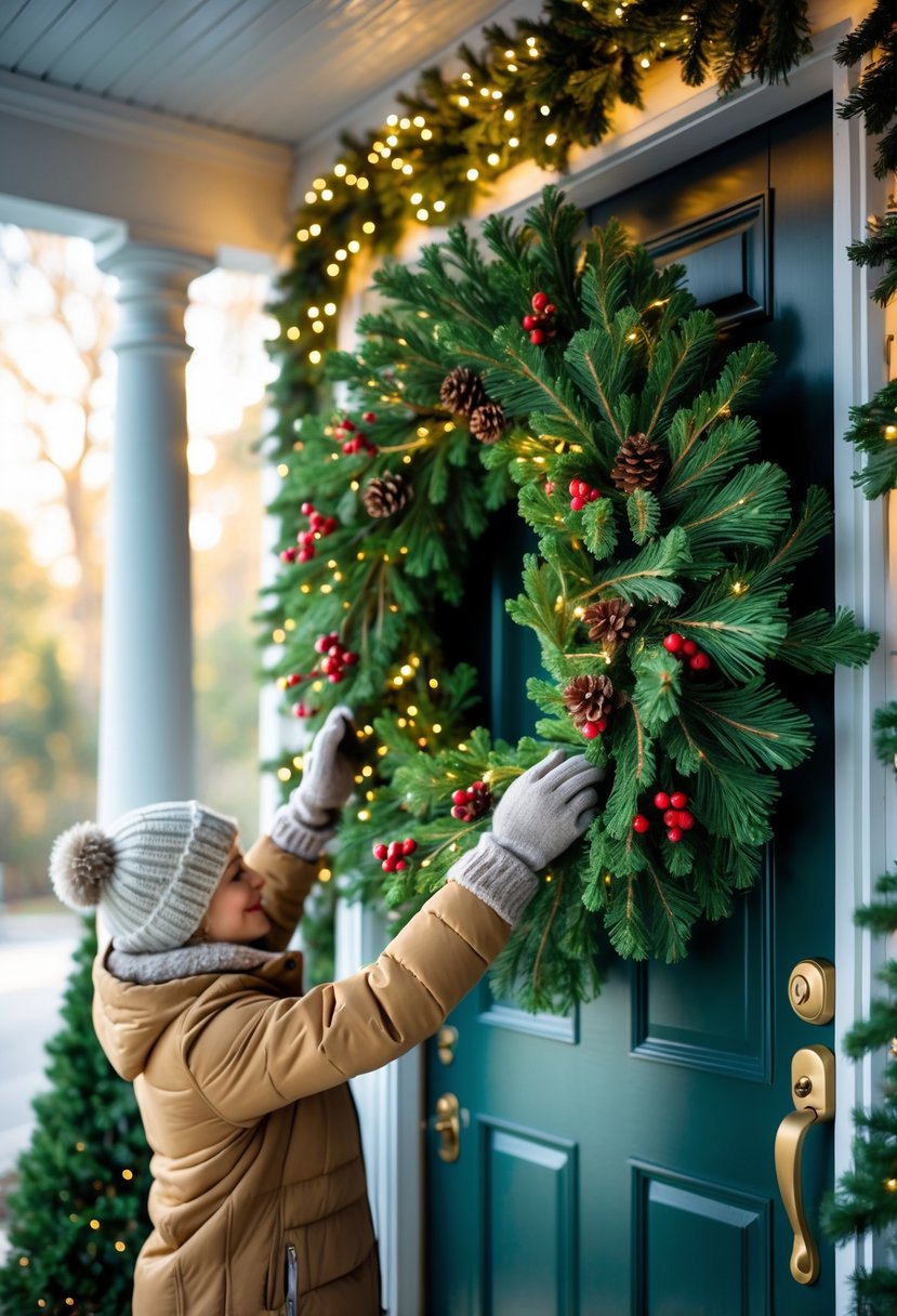 Christmas Wreaths for Front Door Ideas 2025: 23 Stylish and Festive Designs 27 A person adjusting a fresh Christmas wreath on a front door decorated with festive greenery and lights.