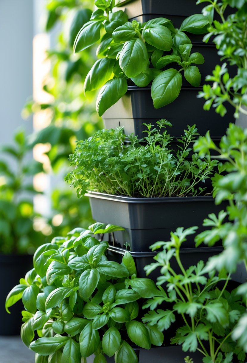 Vertical garden with basil, thyme, and parsley growing in stacked planters.