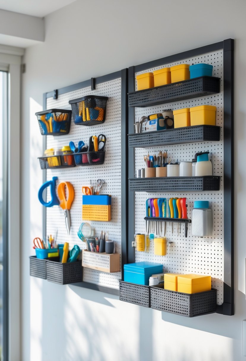 Double-sided pegboard organizer filled with tools and supplies in a bright, organized home workspace.