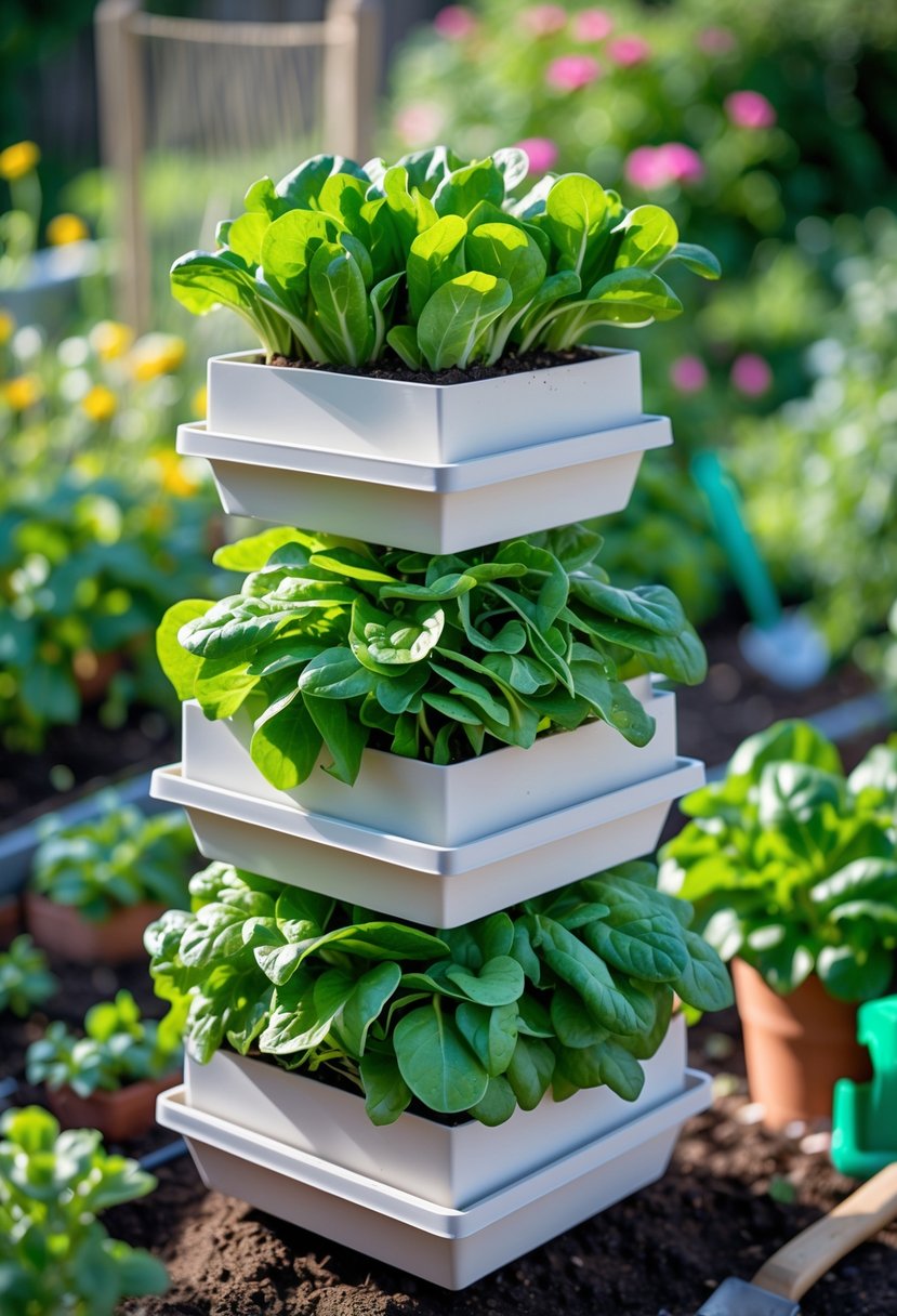 Stacked planters filled with fresh lettuce and spinach growing in a garden setting.