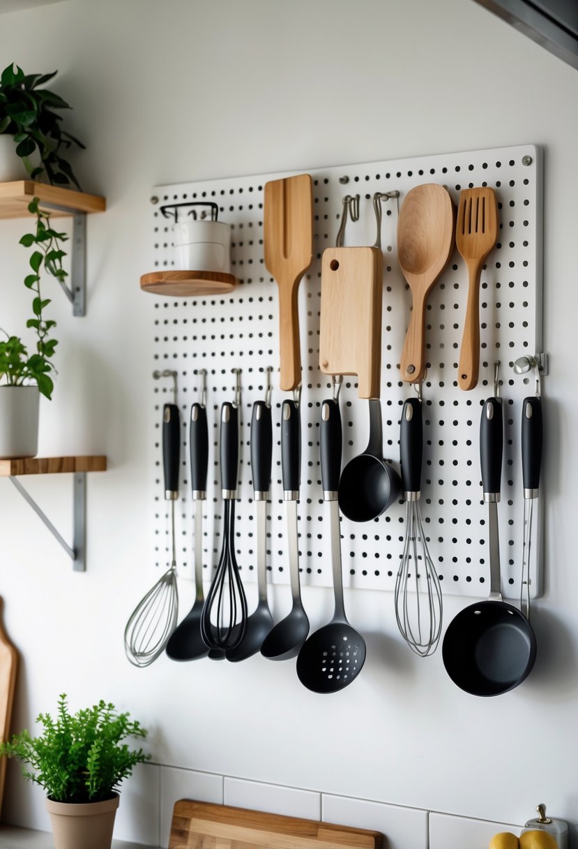 A kitchen pegboard with hooks holding various hanging kitchen utensils above a countertop.