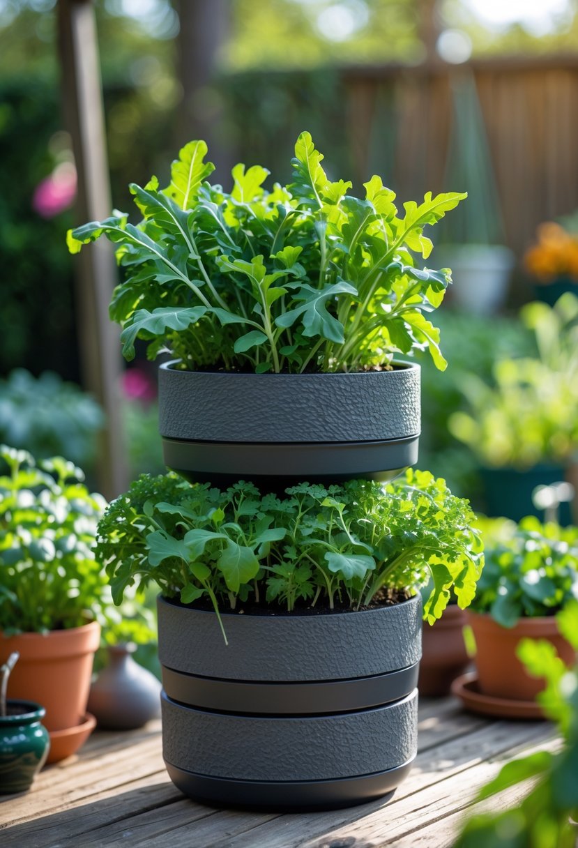 A multi-layered stackable planter filled with fresh arugula and kale plants outdoors on a wooden garden table.