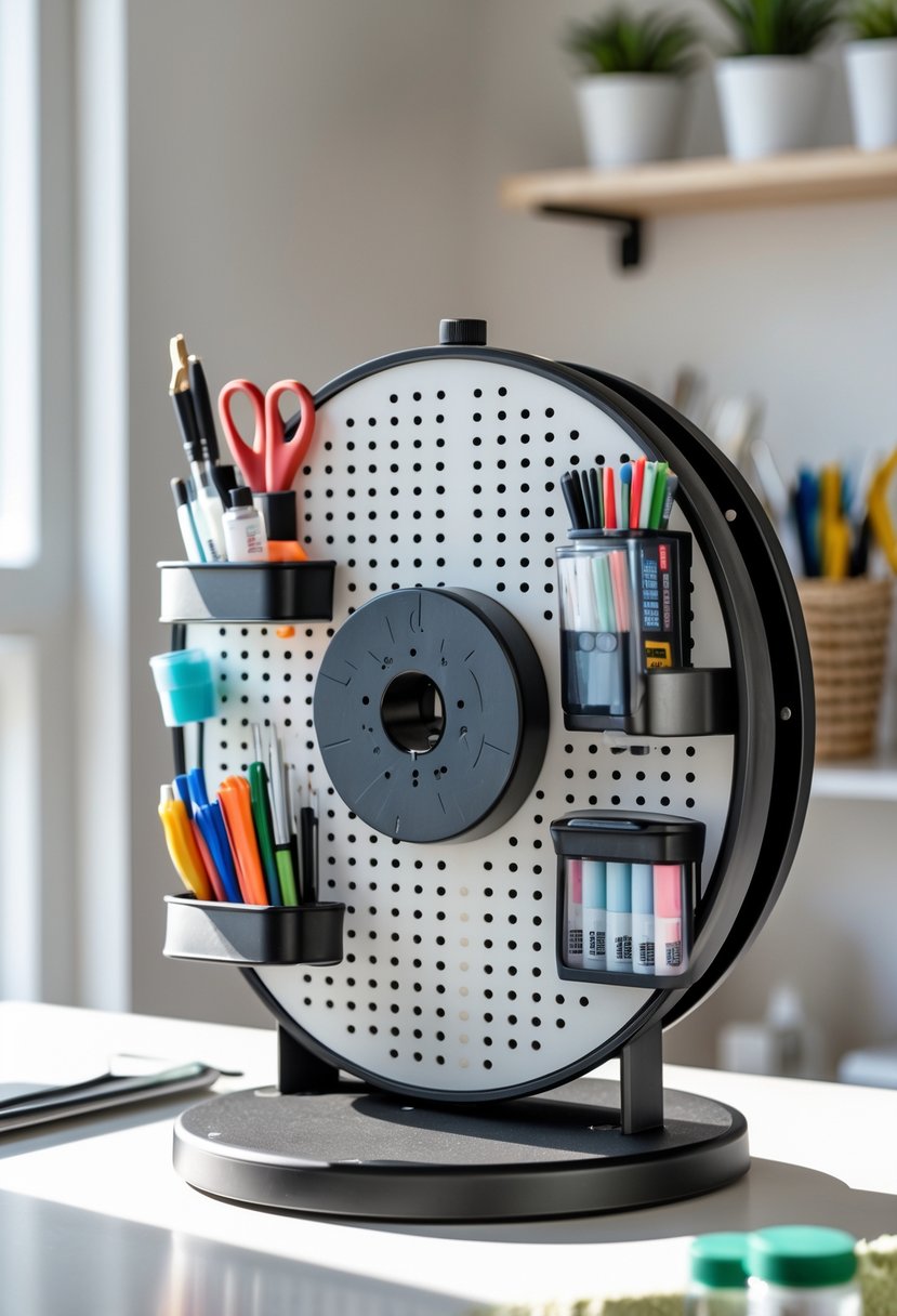 A rotating pegboard tool caddy holding various craft supplies like scissors, paintbrushes, and markers on a clean workspace.