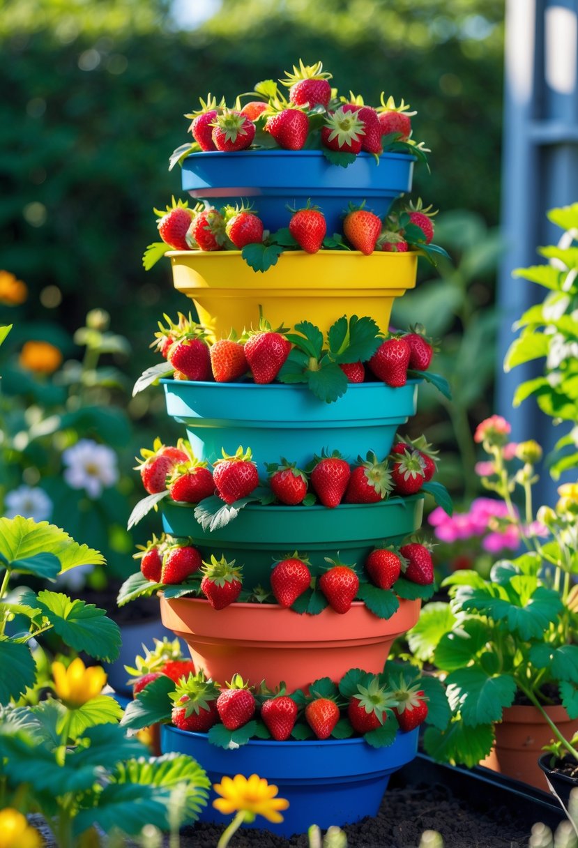 A vertical stack of colorful planters filled with ripe strawberries and green leaves in a bright garden setting.