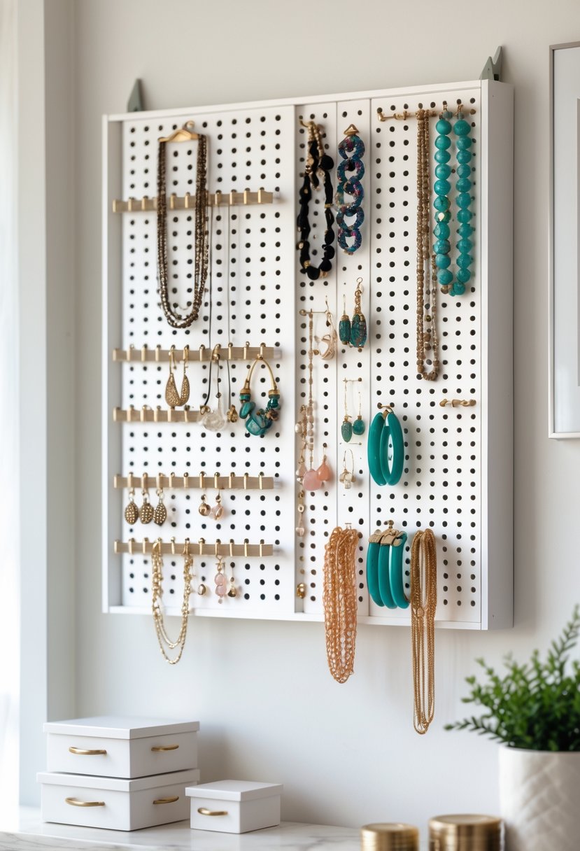A pegboard jewelry display with various necklaces, bracelets, earrings, and rings organized on hooks and shelves in a clean home setting.