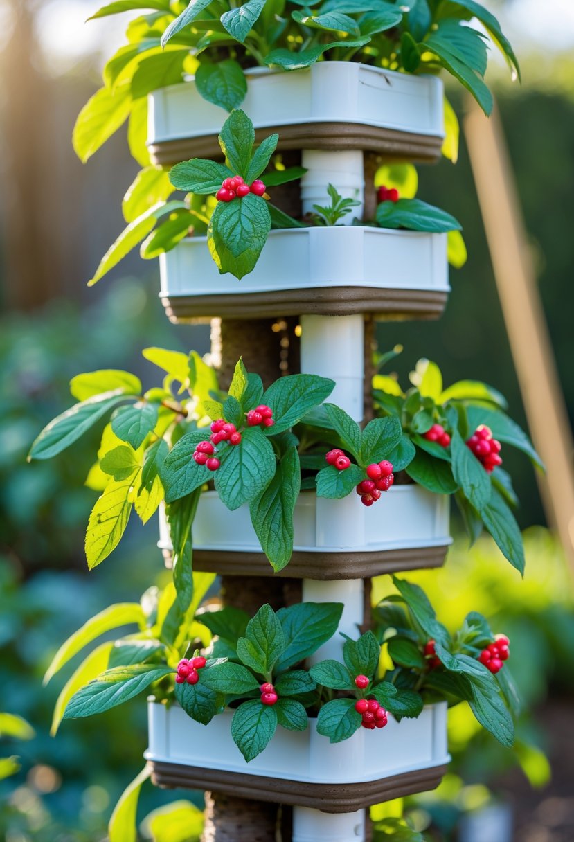 Vertical stackable planters filled with ripe pineberries and green leaves in a garden setting.