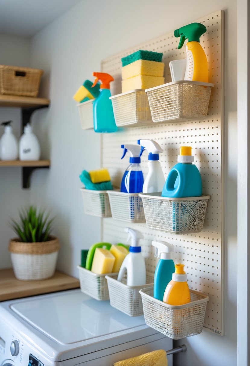A pegboard with small baskets holding cleaning products like spray bottles, sponges, and brushes in a tidy home storage area.
