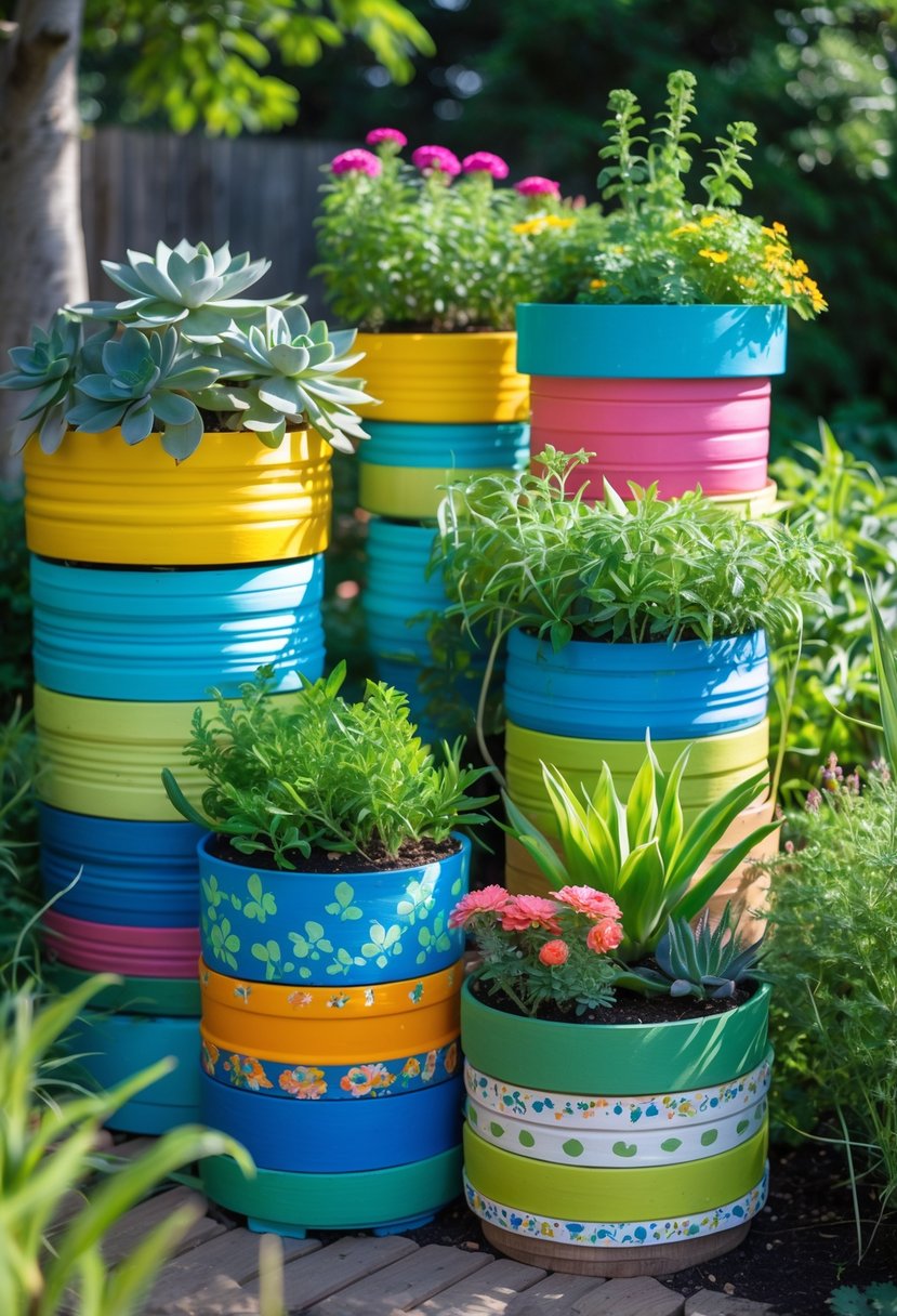 Stacked colorful painted planters filled with green plants and flowers arranged outdoors in a garden setting.