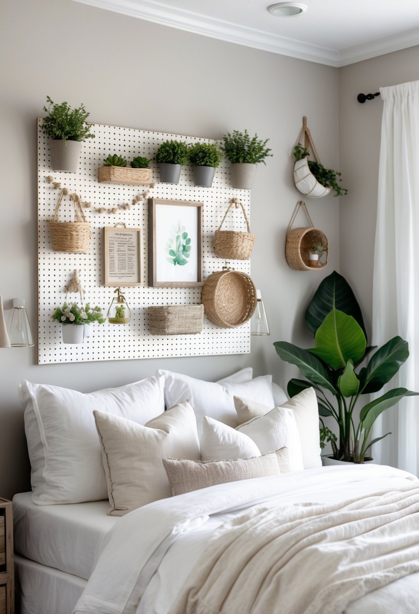A bedroom with a bed that has a pegboard mounted on the wall behind it, decorated with hanging plants, baskets, and string lights.