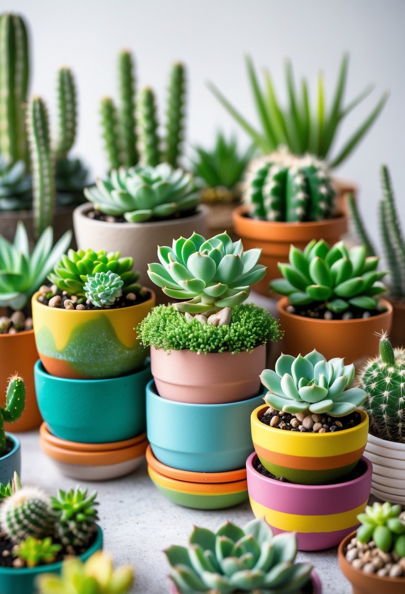 A collection of small succulents and cacti arranged in colorful stackable planters, displayed together as a mini garden.