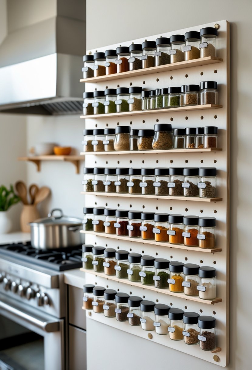 A kitchen pegboard spice rack with glass jars of spices neatly arranged on hooks in a modern kitchen.