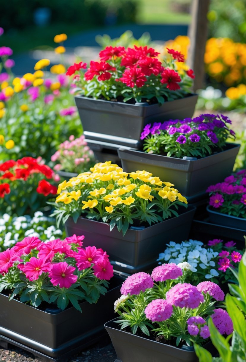 Colorful blooming annual flowers arranged in stacked planters in a garden setting.