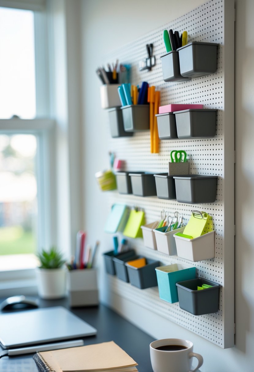 A pegboard on a wall with small bins holding office supplies like pens and scissors above a tidy desk with a laptop and notebook.