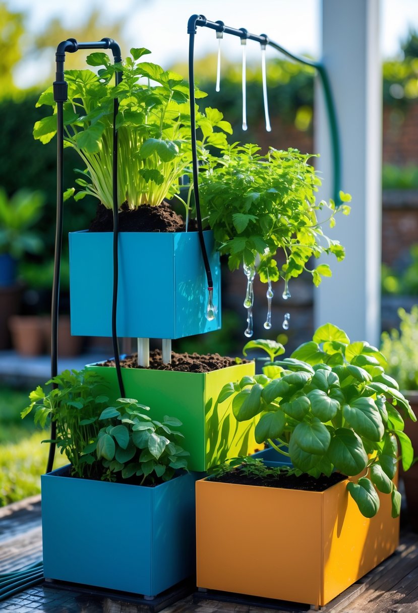 Vertical stackable planters with green plants connected by a drip irrigation system in a garden setting.