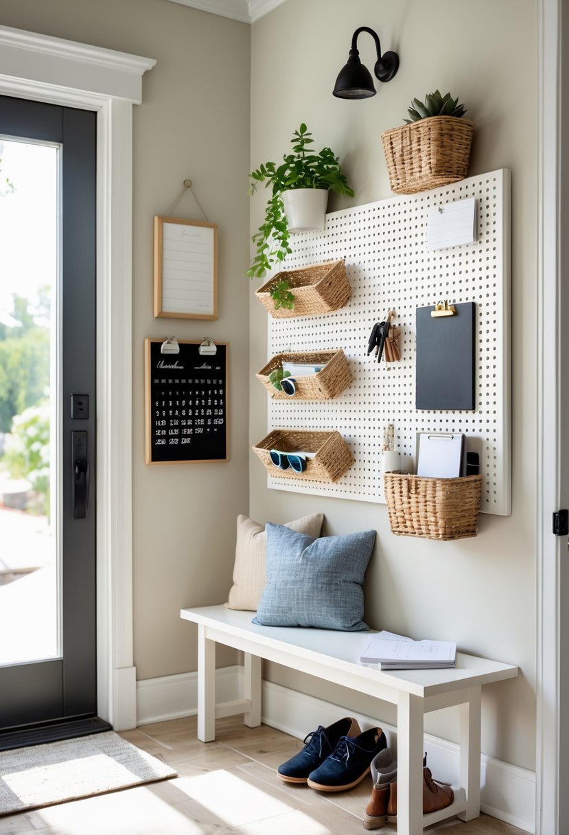 An entryway with a white pegboard message center holding keys, mail, a calendar, and small storage baskets above a bench with shoes underneath.