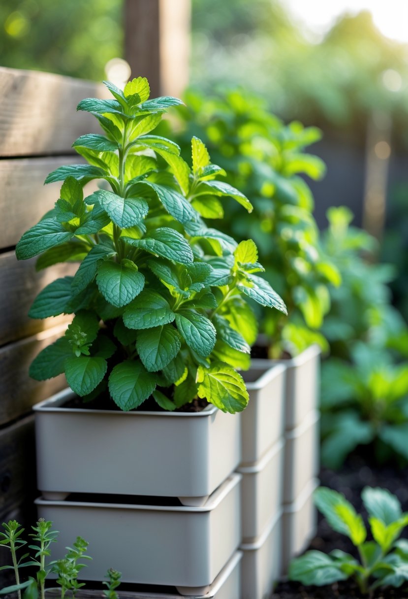 Stackable planters filled with fresh mint and spearmint plants arranged outdoors in a garden setting.