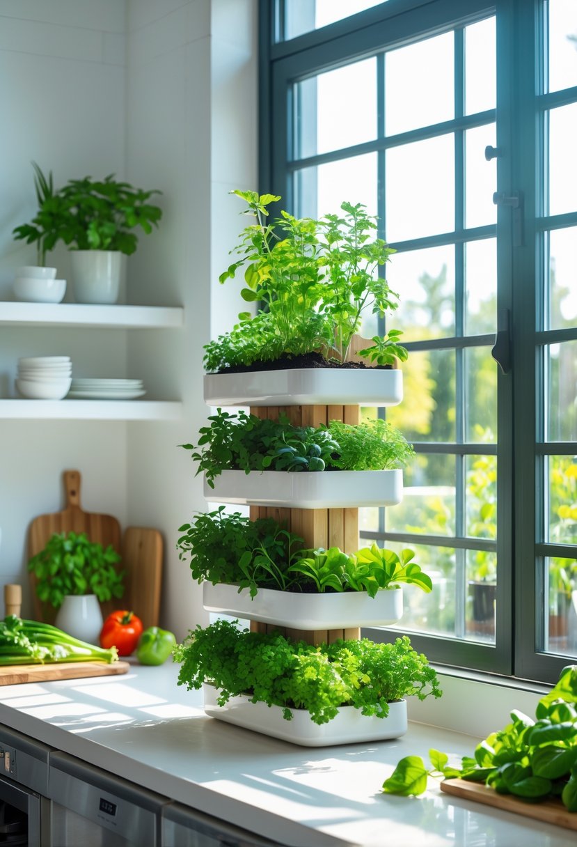 Indoor kitchen window with a vertical stack garden of green plants and herbs in multiple planters arranged on the countertop.