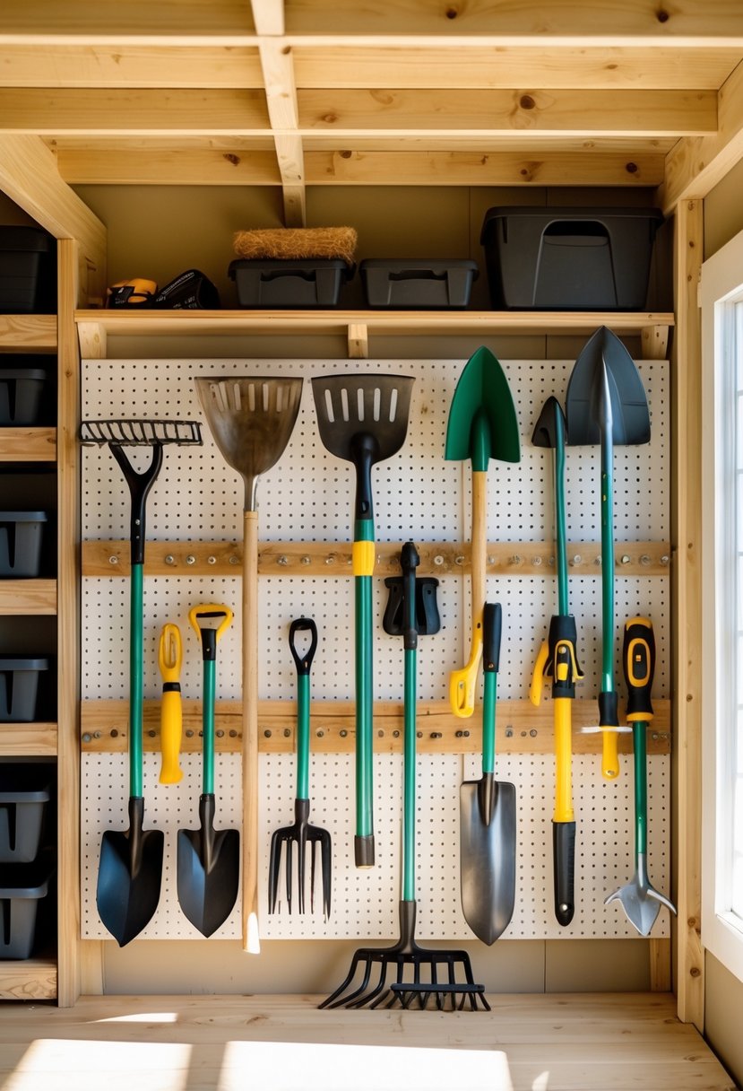 A garden shed interior with pegboard strips holding various garden tools neatly organized on the wall.