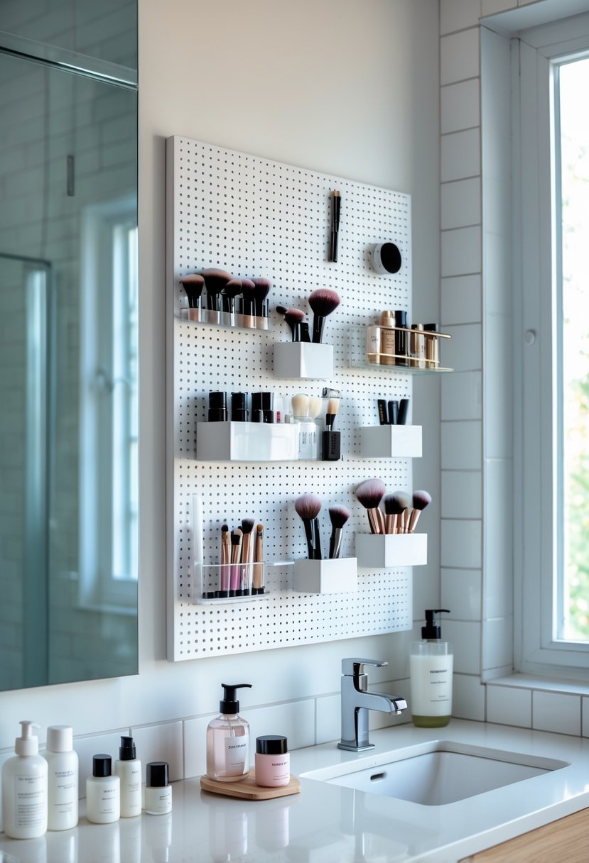 A bathroom wall with a white pegboard holding cosmetics and makeup brushes above a clean vanity countertop.