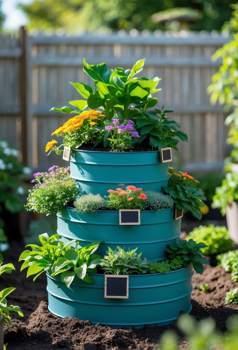 A three-tiered stackable garden planter with green plants and flowers, each tier featuring small blank chalkboard labels, set outdoors in a sunny garden.