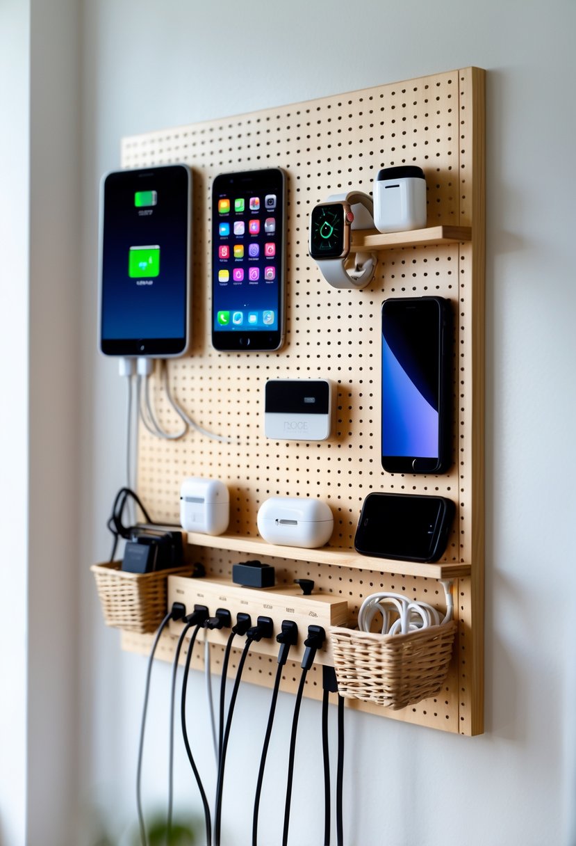 A neatly organized pegboard charging station on a white wall with various gadgets like smartphones, tablets, and smartwatches charging and stored.