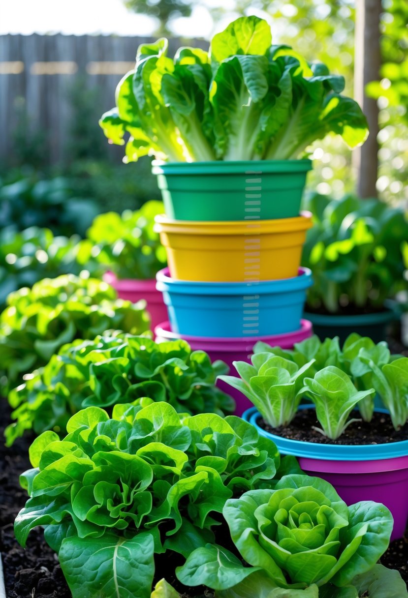 A garden scene with different types of lettuce growing in colorful, stacked plastic planters arranged vertically outdoors.