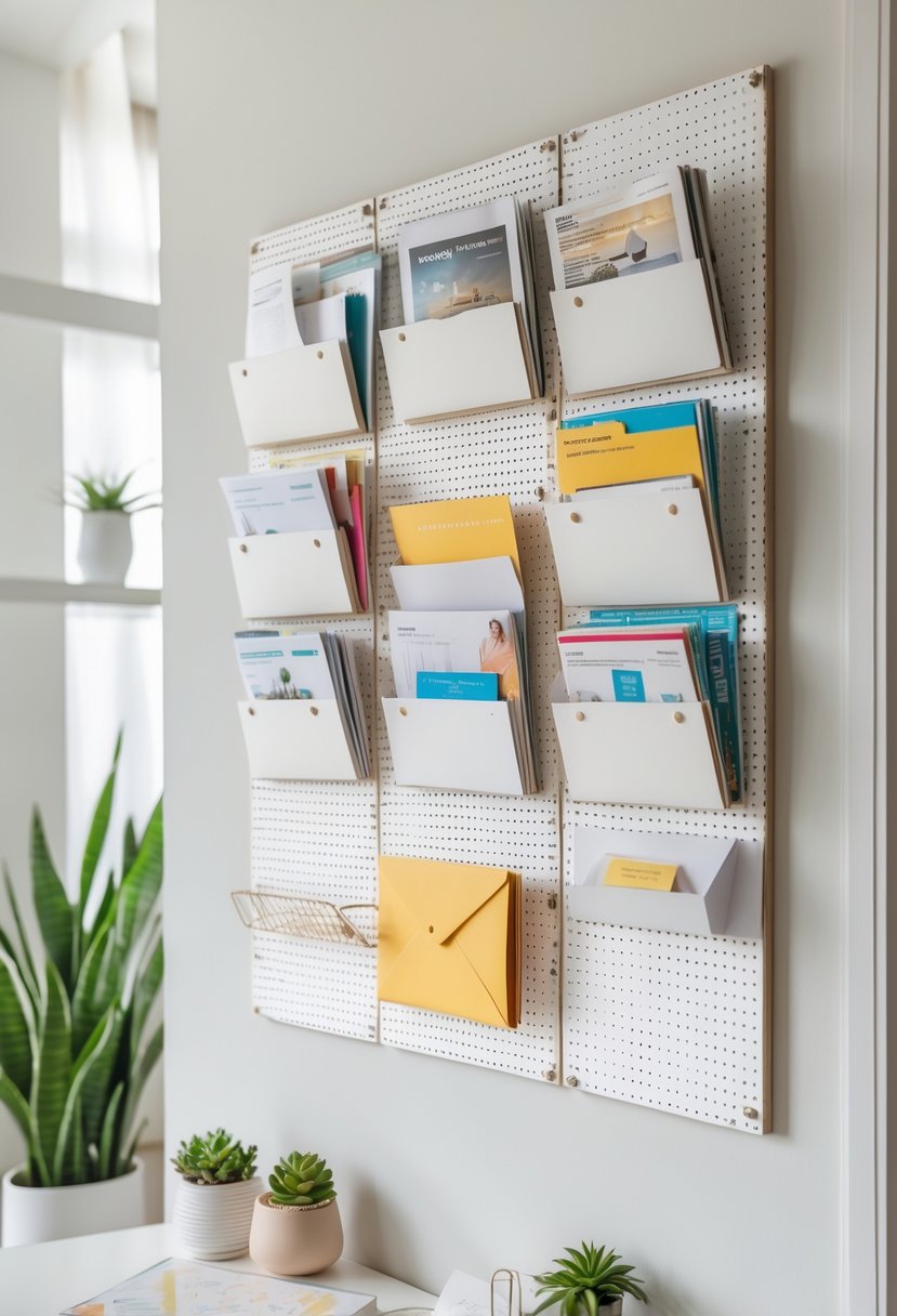 A pegboard mounted on a wall holding magazines, mail, and office supplies in an organized home space.