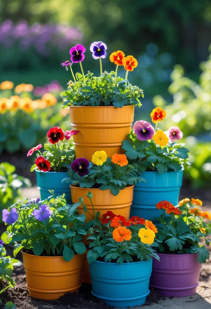 Stacked planters filled with colorful edible flowers arranged outdoors in a garden setting.