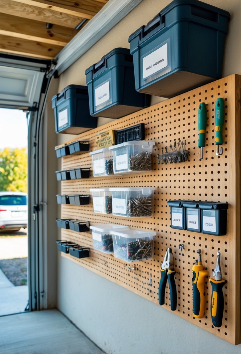 A garage wall with a wooden pegboard holding small containers and tools for organizing screws and hardware.