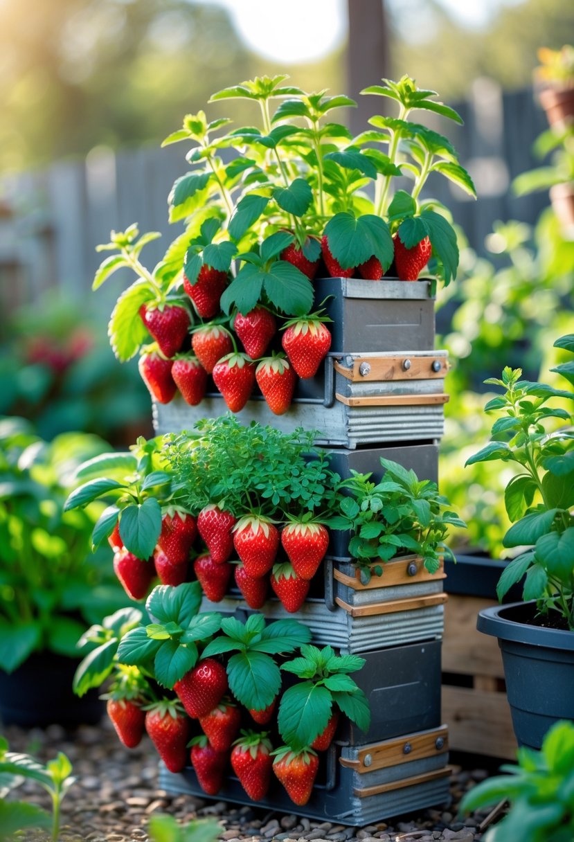 Stacked planters filled with strawberry plants and various green herbs in an outdoor garden setting.