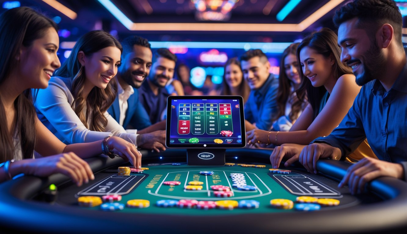 Meja permainan kasino online dengan pemain yang sedang bermain dan antarmuka layar sentuh interaktif.