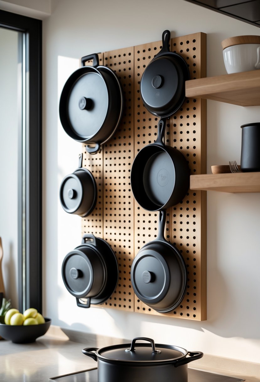 A kitchen wall with a wooden pegboard holding multiple pot lids on hooks above a countertop.