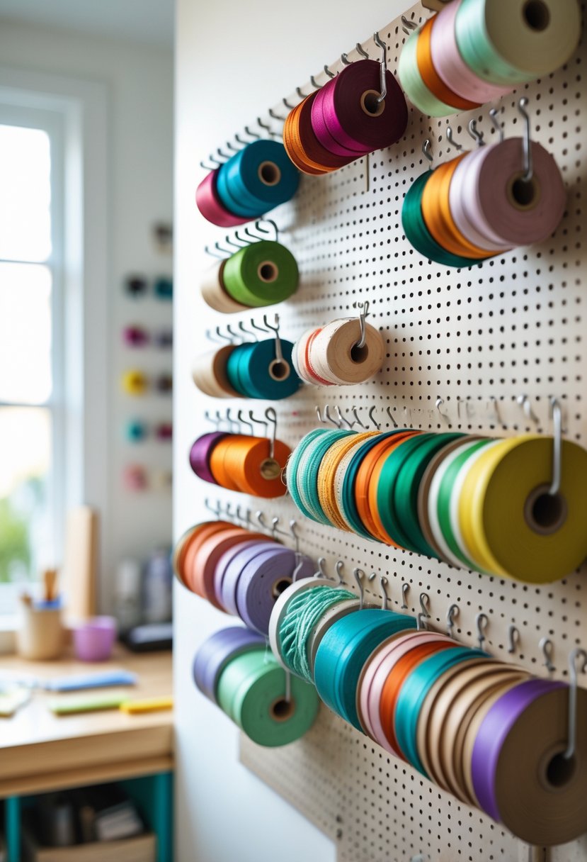 A pegboard with hooks holding colorful ribbons and twines neatly organized in a bright craft room.