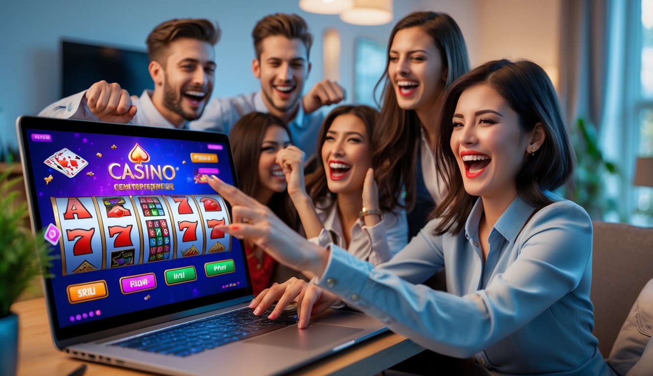 Beberapa orang muda sedang bermain permainan kasino online dengan komputer di ruangan yang nyaman.