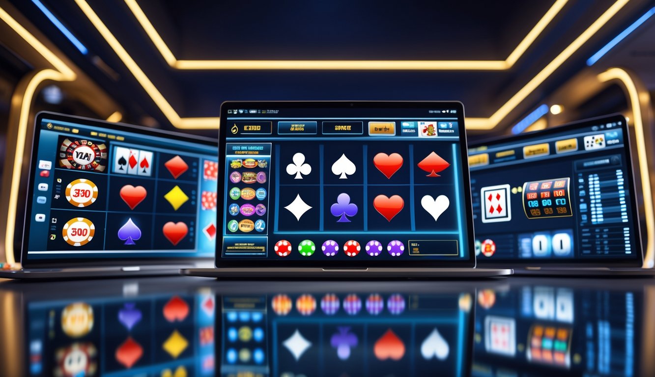 Tampilan antarmuka kasino online modern dengan berbagai pilihan permainan seperti poker, roulette, slot, dan blackjack di beberapa layar.