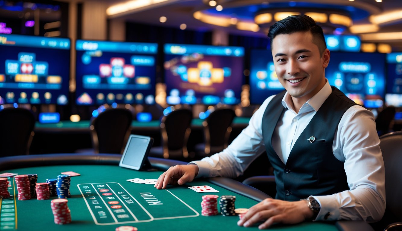 Seorang dealer profesional duduk di meja poker dengan kartu dan chip, dikelilingi oleh layar yang menampilkan permainan kasino secara langsung.