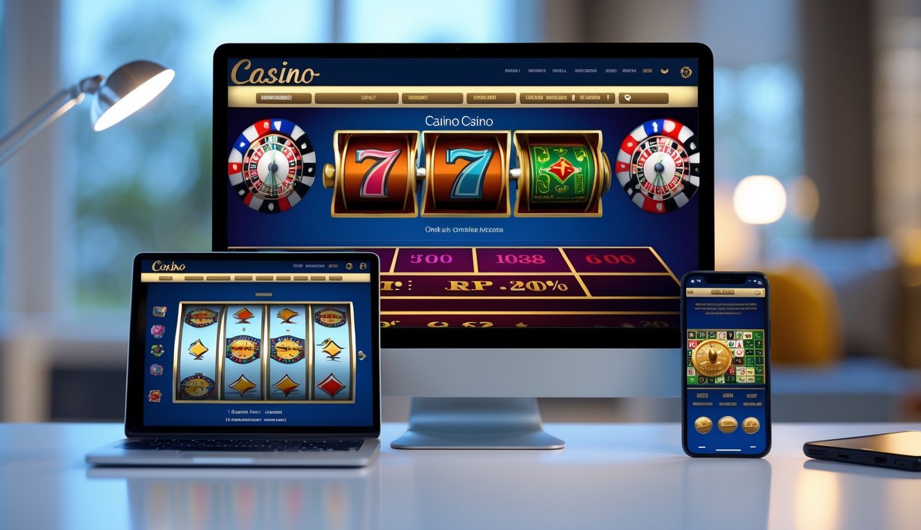 Beberapa perangkat elektronik menampilkan layar permainan kasino online yang berwarna-warni di atas meja di dalam ruangan.