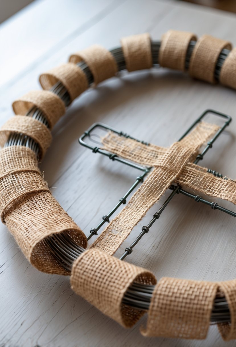A wire cross wreath wrapped with burlap fabric displayed on a light wooden surface.