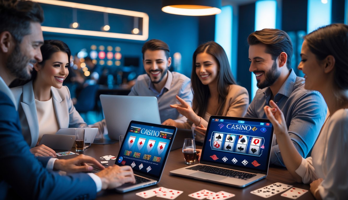 Beberapa orang sedang bermain permainan kasino online dengan laptop dan ponsel di lingkungan yang nyaman dan modern.